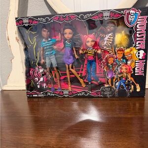 monster high dolls set - pink, purple, blue, yellow.